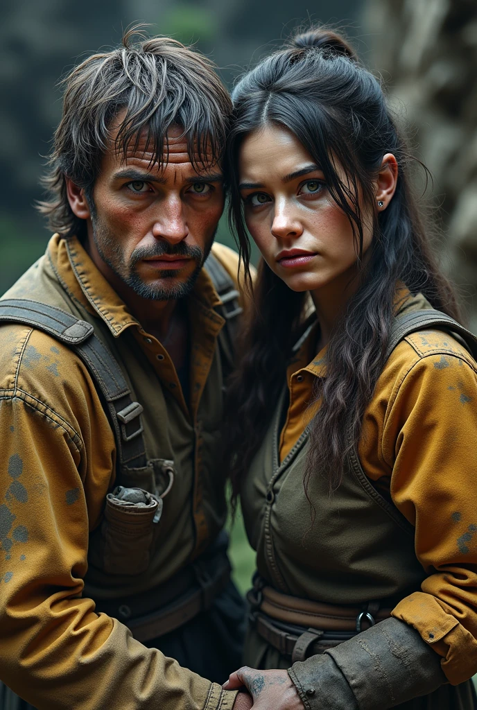 Male and female miners with lots of hair and sunken eyes, with torn and dirty clothes