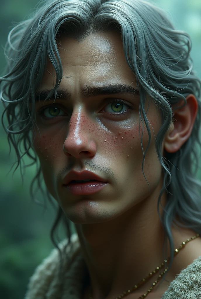 Young in love fantasy man with broken heart from fantasy world, sadness, betrayal, sorrow, anger, very beutiful young man with hunting dark big emerald green eyes full of tires, long silky like gray hair beautiful hair, athletic, king in fantasy world, broken and sad because his loved one cheated on him, so young, so broken, crying