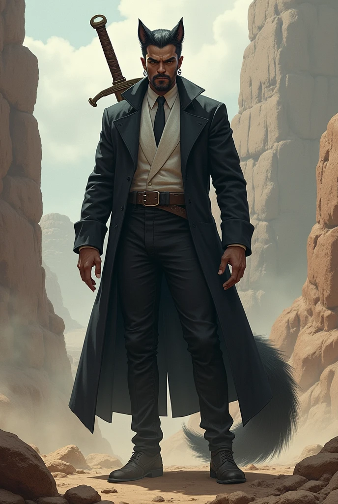 He is a tall indigenous man, 2 meters tall, with a square face and short dark hair and a beardless face with a smooth beard. His eyes are wolf-like and one of them is closed with pointy ears with earrings. He wears a dark black overcoat with a white shirt underneath in the style of formal wear and has a strong physique but is half wolf from the hips down with only wolf legs and a tail. A large sword is strapped to his back. I would like the art in a fantasy RPG style. In the Old West