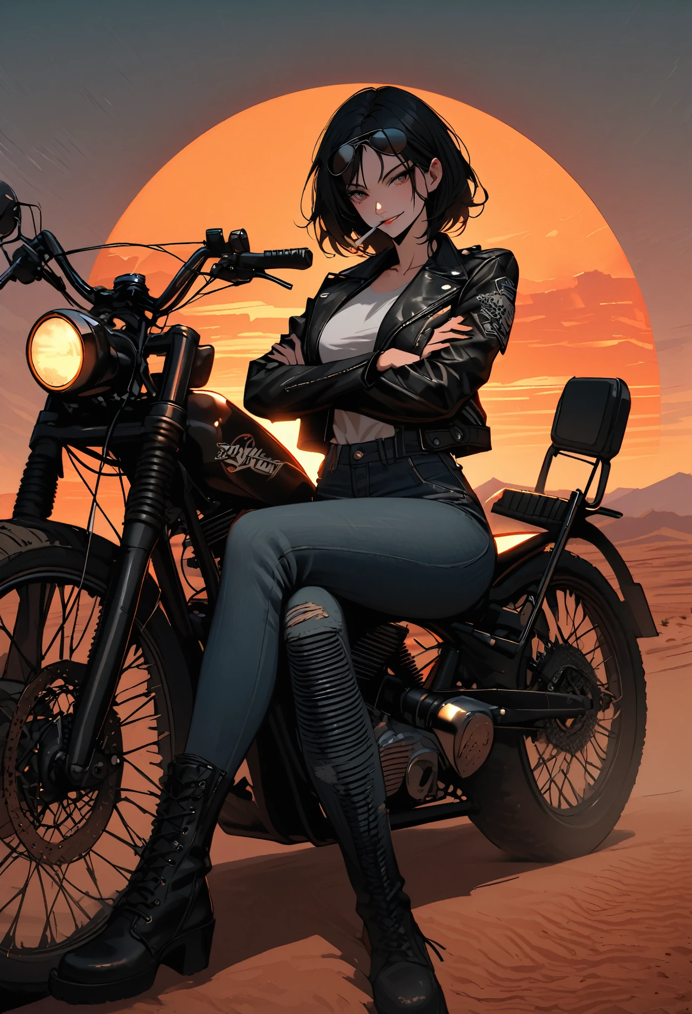 solo female, short messy black hair, aviator sunglasses, cigarette in mouth, black leather jacket, worn jeans, leather boots, huge chopper bike, desert landscape, sun above, bike gang, close up, large breasts, smirk, leaning on motorcycle, standing, legs crossed, crossed arms, dusk, tall