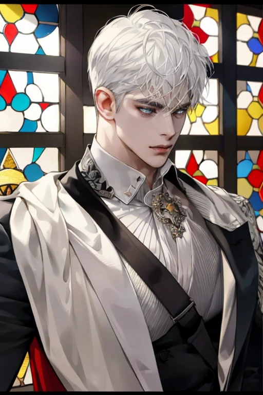 masterpiece, Best quality, Experience in the style of stained glass, upper body, Portrait of a handsome man with thick white hair, in a black suit with a deep slit, chest visible, (best light), Beautiful face, colorful, Photorealistic, high contrast, very detailed background, ultra detailed, super detailed skin, A slight glow, According to II, lens flare, sharpening, cinematic light