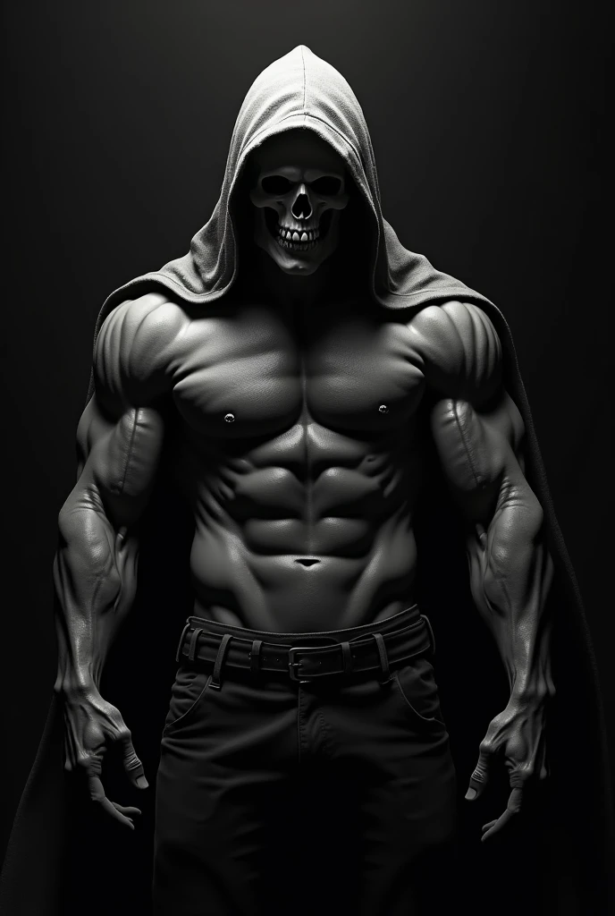 Make a picture of a skull with a hood, with strong arms and abs, on black and white background, that the image is centered from the head to the hip, Black background