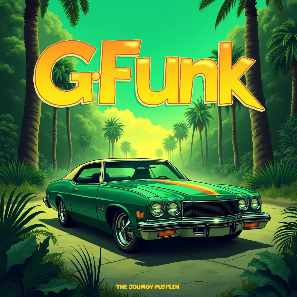 G - Funk album cover, car coming out, green background, car green