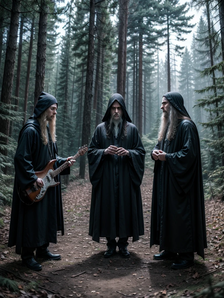 Three wizards in the middle of the forest playing in a black metal band