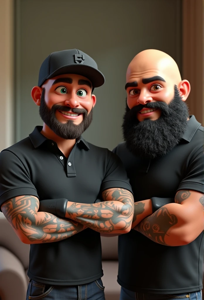 Short beard two strong cartoon characters, one of the green eyes character, medium beard, black polo shirt, Black cap, black gloves, right arm tattooed with Maori and the tallest character is bald ,Black cap, black polo shirt, black beard, black gloves, big beard and brown eyes cartoon character, stylized character, animation style rendering, 3d stylized, Arnold Maya rendering, Stylized 3D rendering, toon render screenshot, 3d character, 3d character, Stylized 3D rendering, 3D character rendering, cartoon character, Personagem de close up, character posing, (Pixar-style) (master part:1.2) (bokeh) (best quality) (skin detailed) (detailed texture) (8k) (Argilla) (cinematic lighting) (sharp focus at 30 years old, cleaning sofa