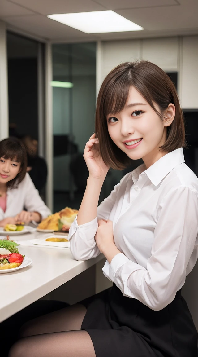 (Happy expression:1.26)、RAW Photos、(((The ultimate beauty full-body photo)))、((Glowing Skin))、1 person、Beautiful 28 year old woman from Prague、Bright expression、((Brown Hair))、Shirt on、skirt、(pantyhose)、(Upskirt)、Contrapuntal Shot、((Very detailedな))、(Perfectly detailed face)、(Beautiful Hands)、Photorealistic images、最high quality、Very detailedな、Film Light、Intricate details、High resolution、Very detailed))、Detailed Background、8 times、Digital single-lens reflex camera、Soft Light、high quality、Film Grain、Fujifilm XT3 、Shallow depth of field、natural Soft Light、Kamimei、The background is the office lunch オフィスでlunch lunch 大勢でlunch A compelling smile