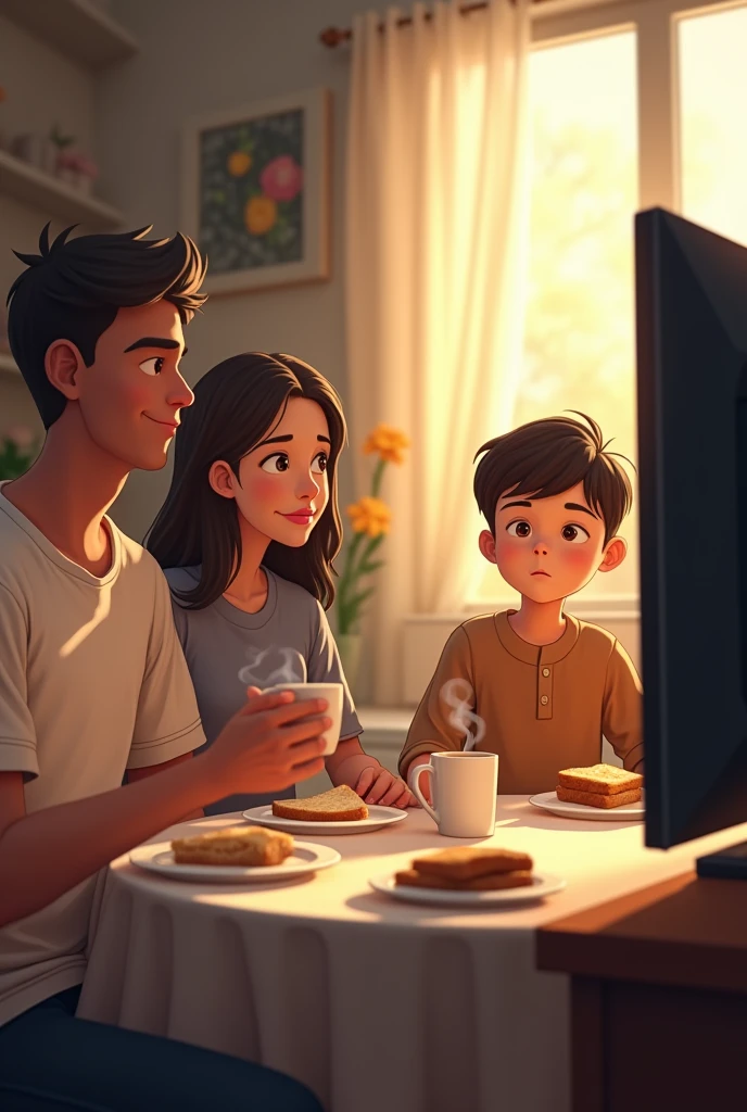 A family having breakfast while watching the news on TV . the boy who has dark brown and straight hair, his father light brown hair, her mother dark black hair 