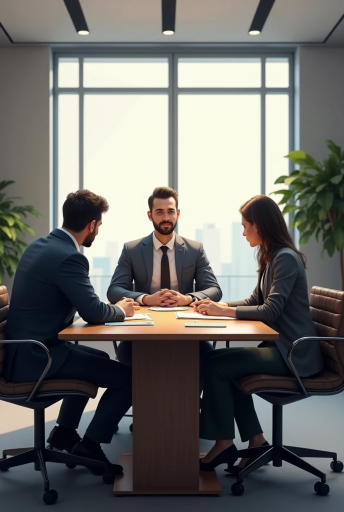 Office of a company. There is a meeting table with chairs around it. JOEL, LEADER, He is sitting at the table, while Joseph (man), Bianca (women) and Alexa (women) They are three employees who listen attentively to their leader.