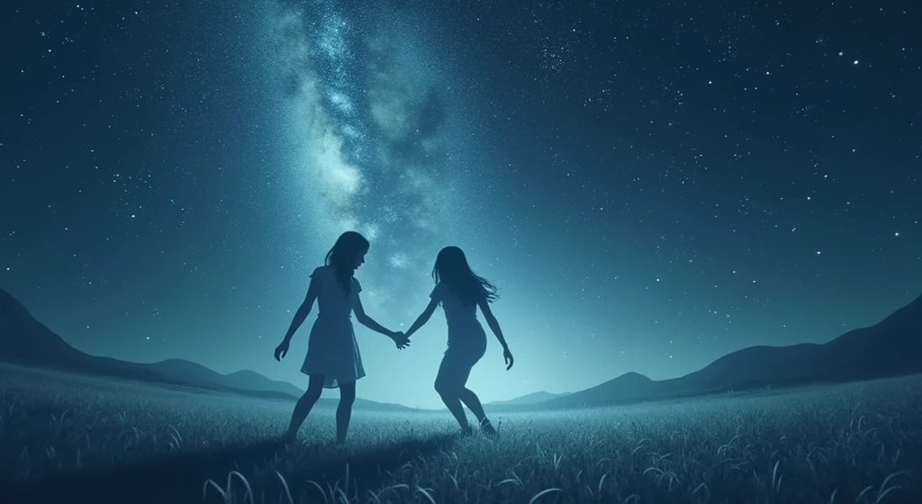 Section 2: "Stars and Shadows" (1:01 - 2:00)
Scene: Second Verse and First Chorus

Visuals: Transition to a close-up of the night sky, where stars begin to twinkle one by one. The camera slowly pans down to reveal an open field. Two female shadows are seen dancing gracefully, with no visible source for the shadows. Their movements are synchronized with the music, and they glide effortlessly across the ground. As the chorus begins, the shadows fade slightly, blending into the darkness, while the stars in the sky grow brighter.
Effects: Introduce slow-motion effects to capture the elegance of the dance. The shadows should appear soft and almost translucent, with the stars in the background twinkling more intensely as the music swells.
Prompt: "A night sky filled with twinkling stars, transitioning to an open field where two shadows dance gracefully, fading into the darkness as the stars grow brighter, all in a soft, dreamlike atmosphere."

