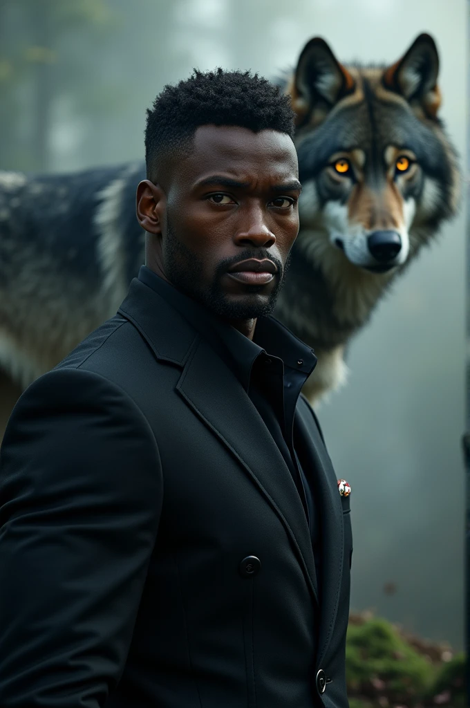 Handsome black man with wolf in background