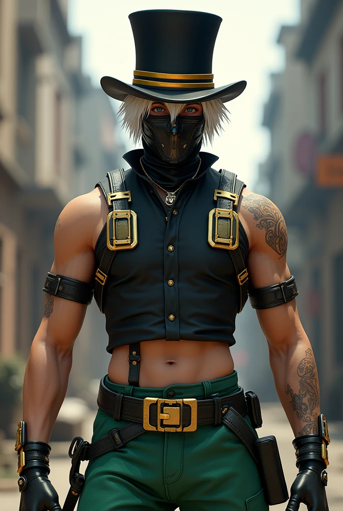 Free fire style male character, black top hat with gold stripes, White hair, black metal mask, short sleeved shirt, gold shoulder bracelets, green pants, black belt, sleeveless shirt, shorth hair