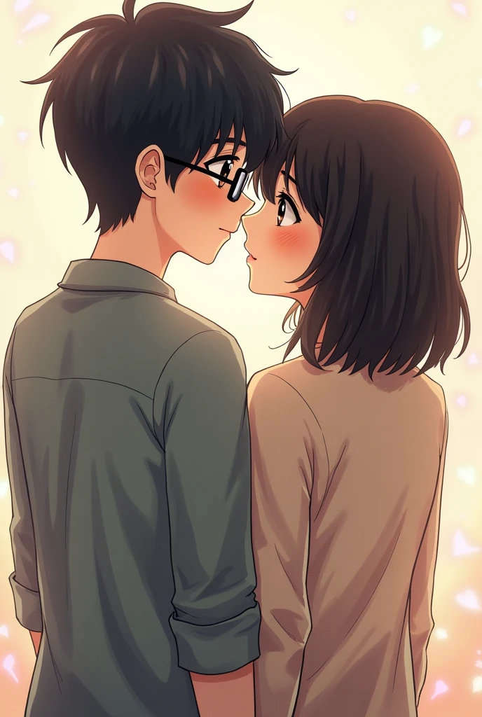 a couple, A boy with black hair, black eyes and glasses and the girl with shoulder-length black hair, with brown eyes , that they have their backs, realistic drawing style