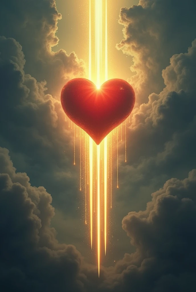 Create a detailed and emotionally powerful image for the 'Three of Lights,' a Tarot card inspired by the Rider-Waite's Three of Swords. The central focus is a large, radiant heart floating against a cloudy, stormy sky. Three beams of light, sharp and intense like swords, pierce through the heart from different angles. These beams of light illuminate the surrounding clouds, creating a dramatic contrast between the light and the dark storm. Gentle drops of golden, glowing rain fall from the pierced heart, symbolizing tears. The scene conveys deep emotion, pain, and the idea of healing through the light.
