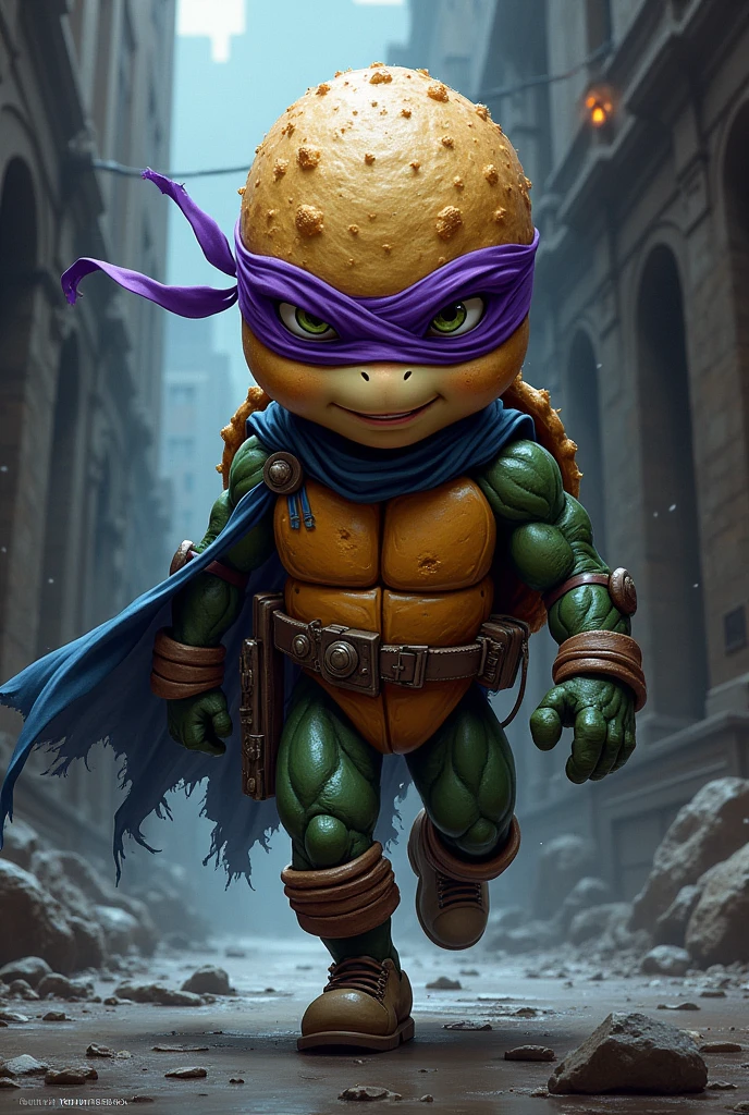 Make a superhero who likes chimichangas 2.-that this short and dark 3.- Let it be like a peanut 4.-Have a purple mask like Donatello