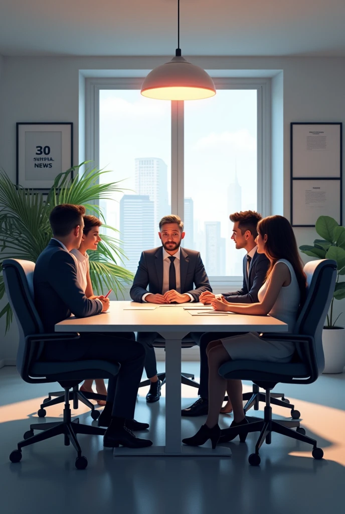 Office of a company. There is a meeting table with chairs around it. JOEL, LEADER, He is sitting at the table, while Joseph (man), Bianca (women) and Alexa (women) They are four employees who listen attentively to their leader.