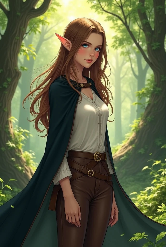 Sweet Elf woman with brown hair, brown pants and white tunica in the forest. Young woman. Black cape. elf ears. Anime realystic style. Black cape. Brown leather pants. Blue eyes. Straight hair