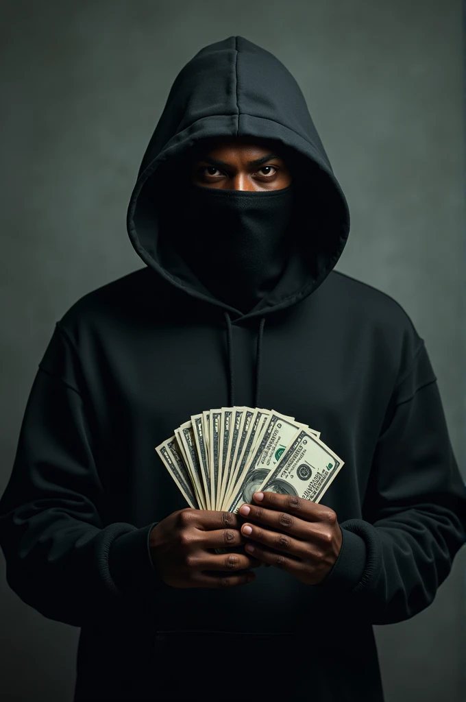 Young black man in balaclava and black hoodie with several banknotes in his hands 
