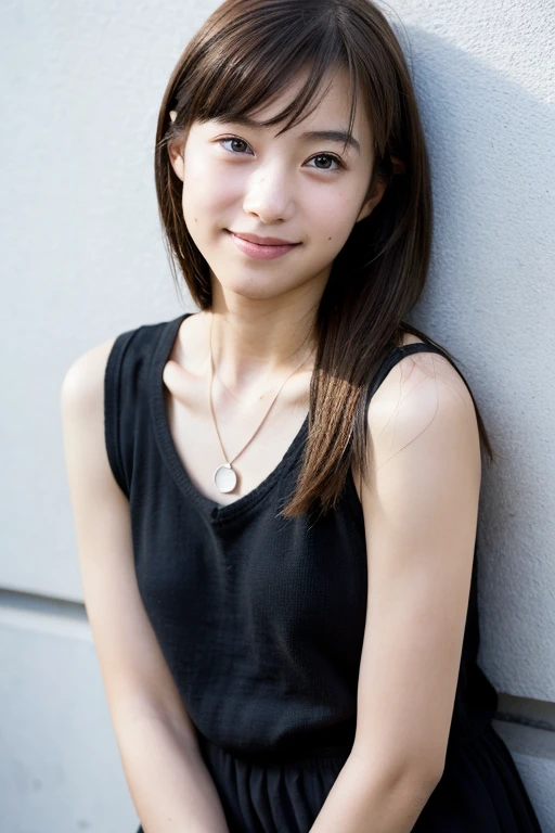 (Highly realistic photos, High resolution, Detailed face, Beautiful Eyes), ((Photographed in front of a white wall))、Japanese women, middle School girls, ,A little dark, alone:1, Slim figure, ponytail, Casual clothing, one in the photo、Photographed in natural light、Simple Necklace、School、smile、profile、Dark brown hair color、Full body angle