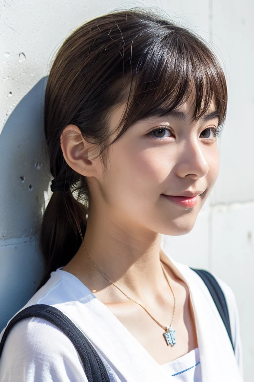 (Highly realistic photos, High resolution, Detailed face, Beautiful Eyes), ((Photographed in front of a white wall))、Japanese women, middle School girls, ,A little dark, alone:1, Slim figure, ponytail, Casual clothing, one in the photo、Photographed in natural light、Simple Necklace、School、smile、profile、Dark brown hair color、Full body angle