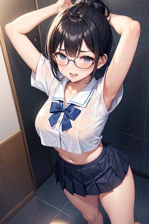 highest quality,wonderful,finely,extremely detailed CG Unity 8K wallpaper,1 girl,(huge breasts)(sailor suit:1.4),open your mouth, black hair, glasses, blue eyes,twin tails, constriction,thighs, (torn shirt, underboob:1.5)