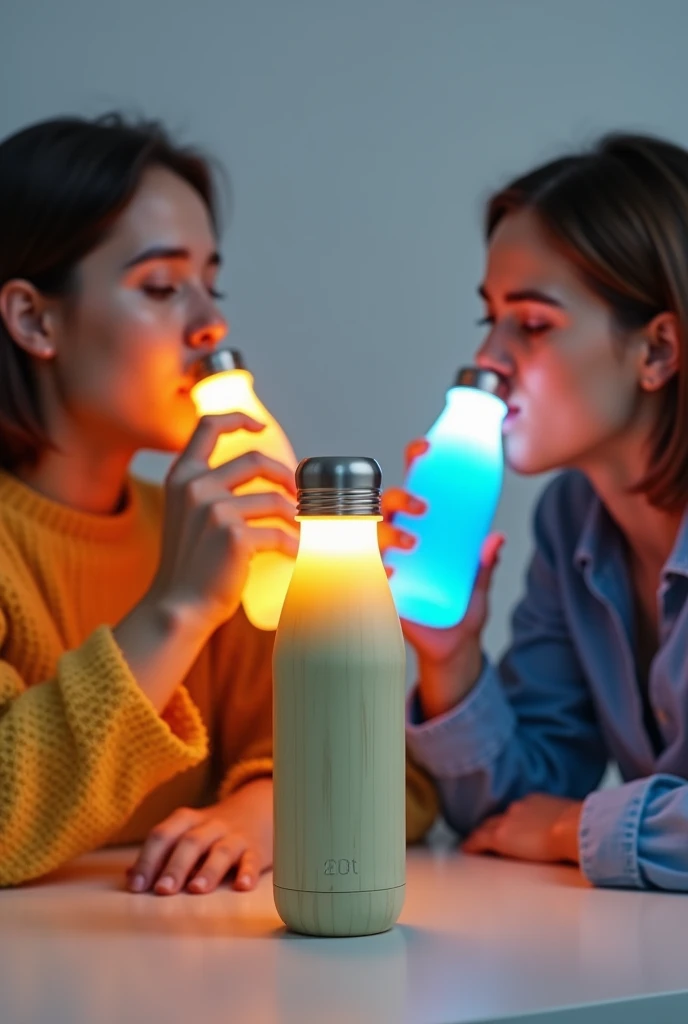 Create a banner with a bottle with LED on its bottle cap with simple lighting, yellow for when the water is hot and blue for when it is cold, the bottle needs to be coated with the coloring of a bamboo, with two people drinking it while it is glowing the respective colors of the water, Blue and Yellow. The color of the bottle should be the cream color of a bamboo