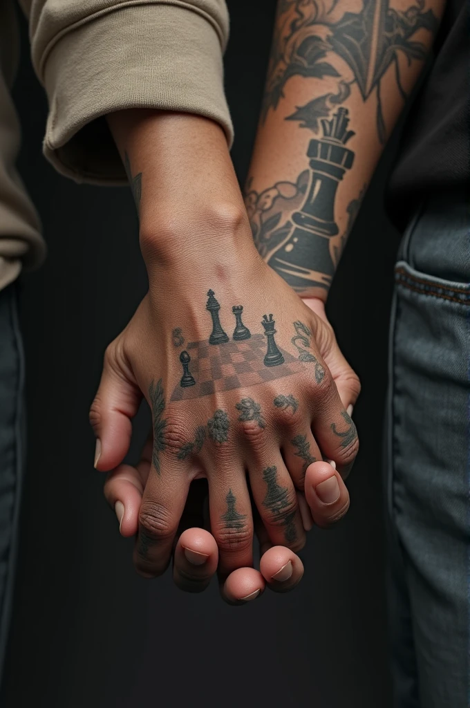 Tattoo on arm of chess game and my parents holding my hand