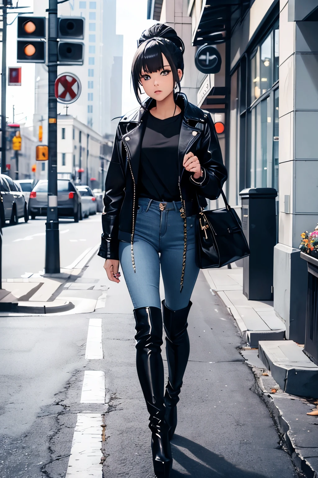 thigh high boots, platform boots, black boots, girl, high heels, ponytail, pants, long pants, jeans, long jeans, light blue jeans, boots over pants, jacket, walking