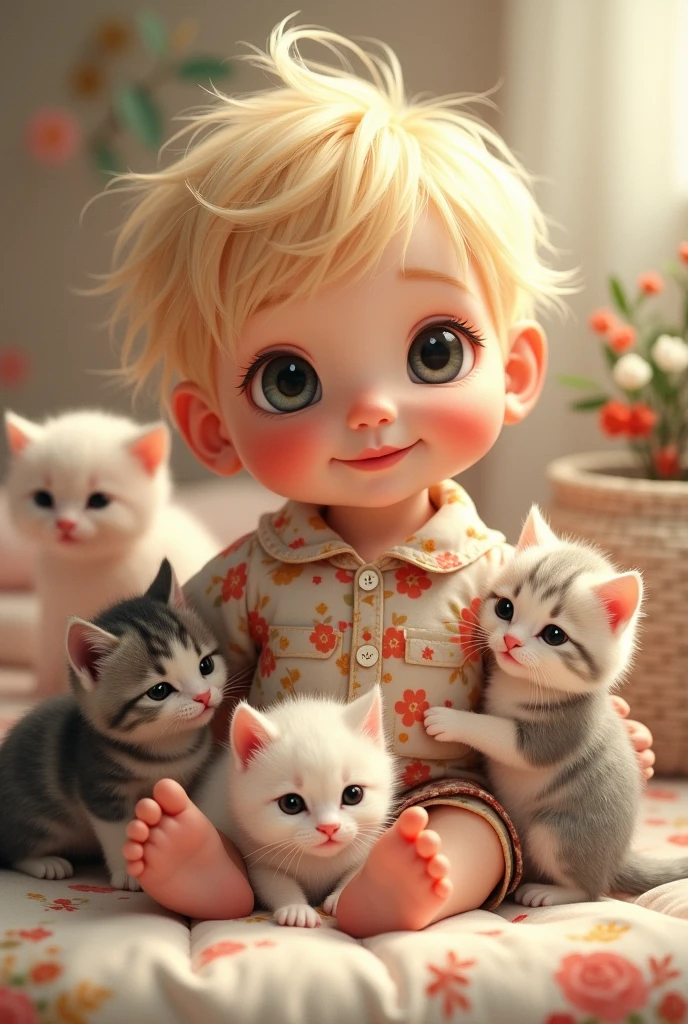 Raising a baby , with slanted eyes, like the orientals, with blond hair, wearing a floral print shirt, with some kittens around him.