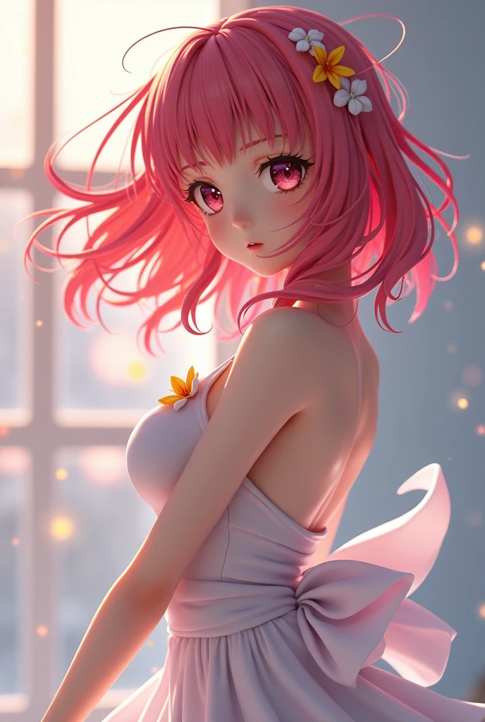 woman, short pink hair, Fox ears, Fox tails, colorful eyes, tight dress, ssmile, Masterpiece, hiquality