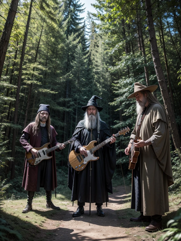 Three medieval wizards in the middle of the forest playing in a heavy rock band