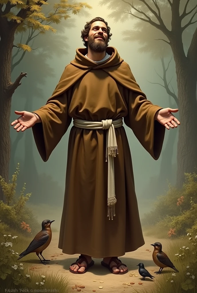 "Saint Francis of Assisi standing, wearing a simple brown habit made of thick fabric, with a long tunic down to the feet, wide sleeves and a hood. Na cintura, a white cord with three knots, symbolizing the vows of poverty, Chastity and obedience. He is smiling, Looking at the sky, with arms open in a gesture of peace and love. Ao redor dele, birds and small animals reflect your connection with nature, while the scene is illuminated by a soft light, showing his humility and spirituality."