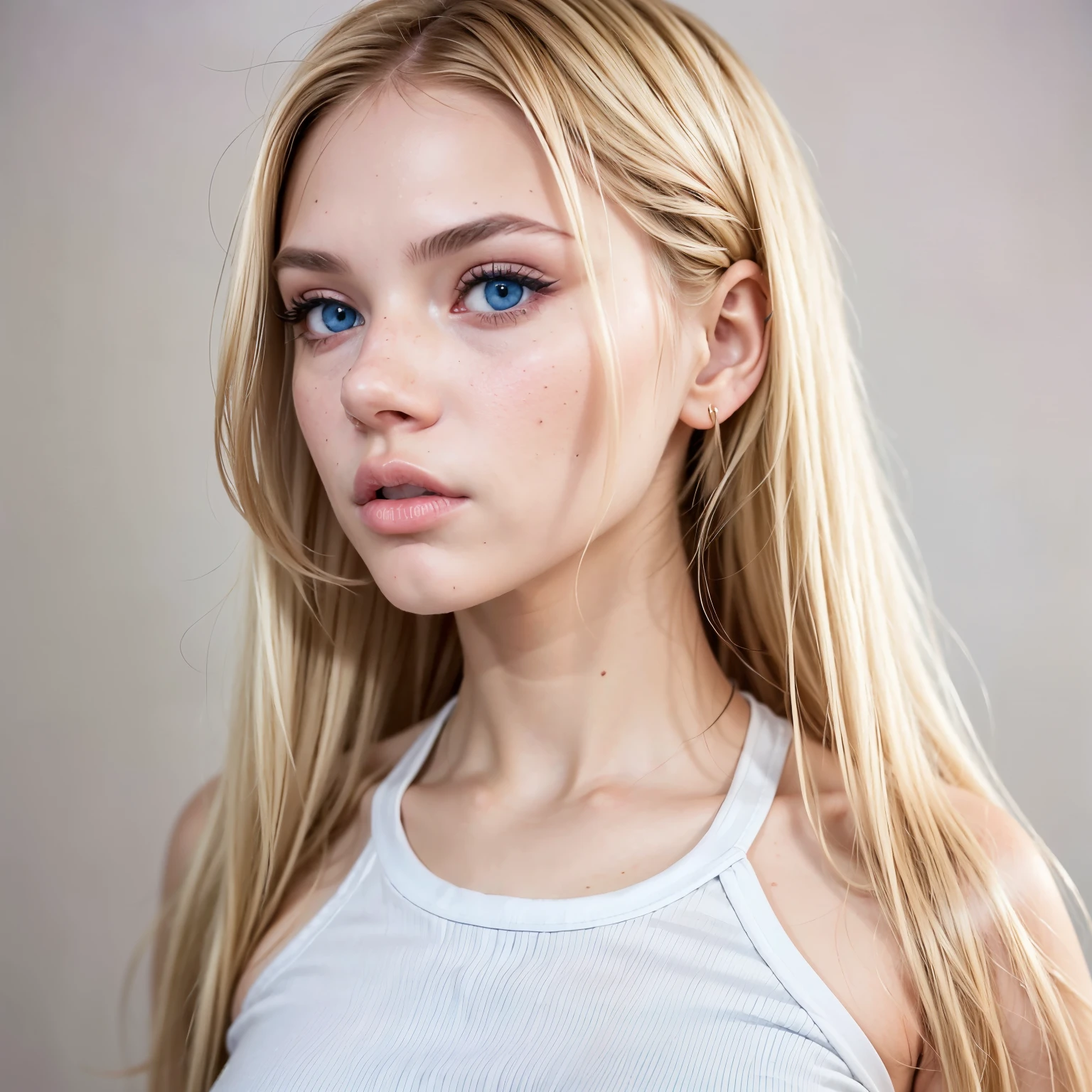 full body shot, girl standing ((AlexiaThompson01R's face)). beautiful perfect girl, blonde hair, straight hair, blue eyes. vibrant blue eye. loose hair, hair falling over one eye, emo bangs. beautiful perfect girl, smooth white skin. thin nose, thin chin. white top, black pants. white background.