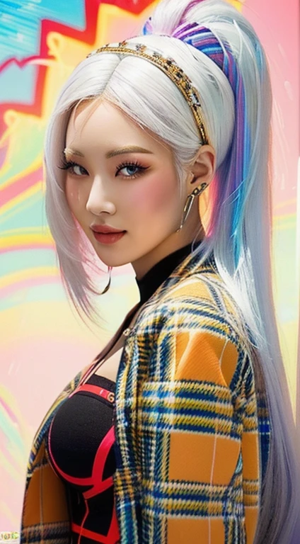 A close-up of a woman with white hair and a plaid jacket, rossdraws vibrant cartoons, rossdraws | afrofuturism, Style Ross Tran, Ross draws a portrait, :: rossdraws, trend in artstration, In the style of Ross Tran, rossdibuja 2. 0, rossdraws 1. 0, RossDraws Vibrant Pastel, rossdibuja 2. 5, big breasts, heavy breasts , defined waist