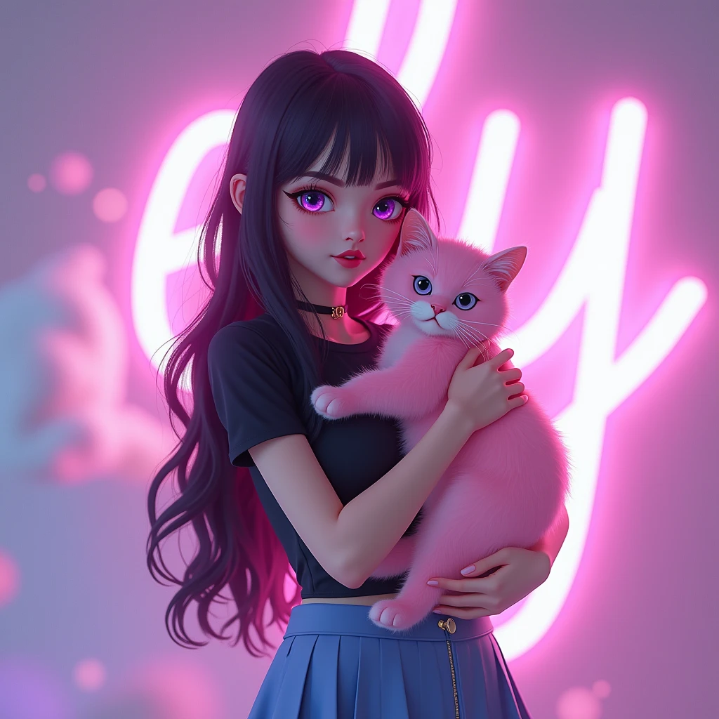background has a BIG name reading “ELY”, violet eyes, long hair, holding a cute PINK cat, 21 year old woman, BLACK top and BLUE skirt, highest image quality, cute background ethereal, shining eyes, extremely big breasts, european woman, extreme bright quality