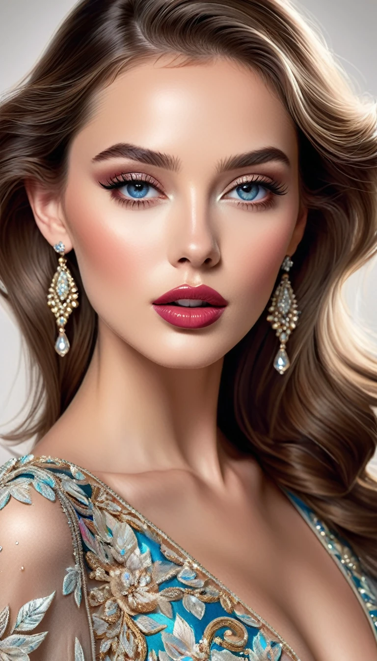 best qualityer,high resolution,fashion illustration,elegant model,beautiful and delicate eyes,Detailed lips and face,Elegant glamor,Rail laying,shiny colors,Elegant dress,beautiful accessories,Professional studio lighting,Ultra-thin coating,lifelike textures,art tour