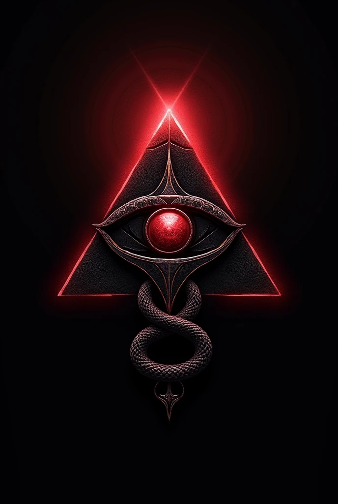 Logo, a pyramid with an eye in the center and a snake coiled around it, sword piercing the pyramid, use black and red colors