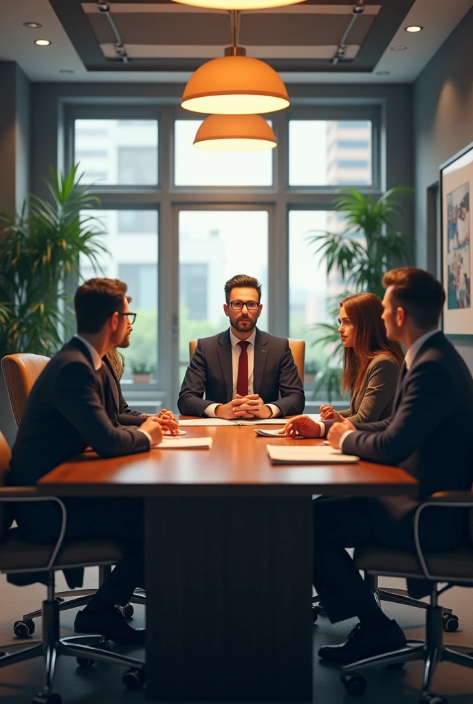 Office of a company. There is a meeting table with chairs around it. JOEL, LEADER, He is sitting at the table, while Joseph (man), Bianca (women) and Alexa (women) There are four employees who discuss and dialogue