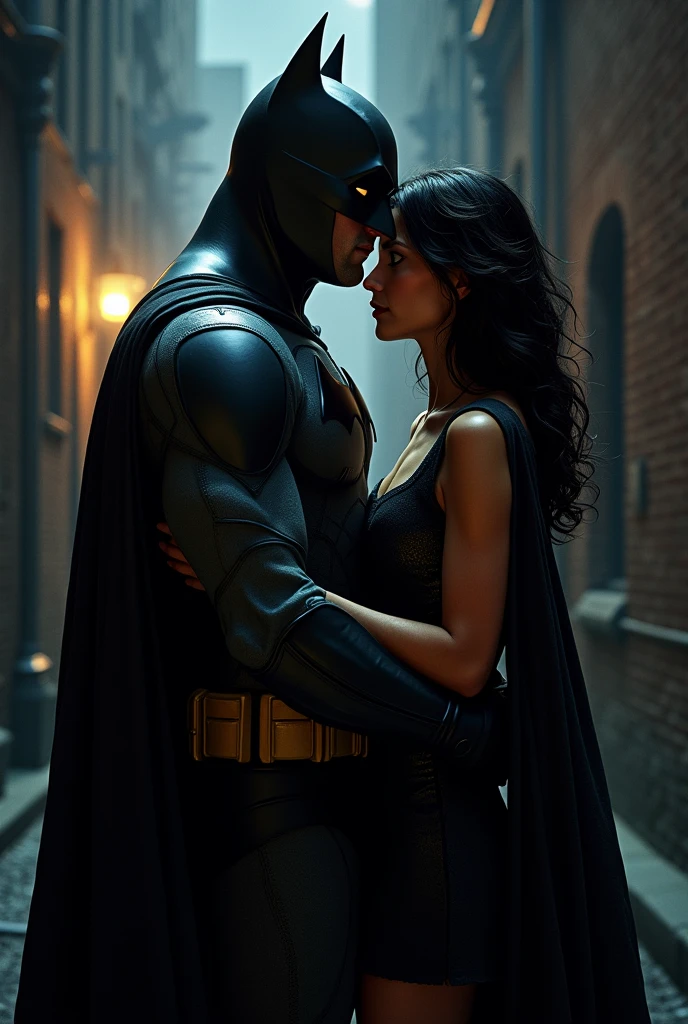 Create an image of Batman kissing Lois Lane