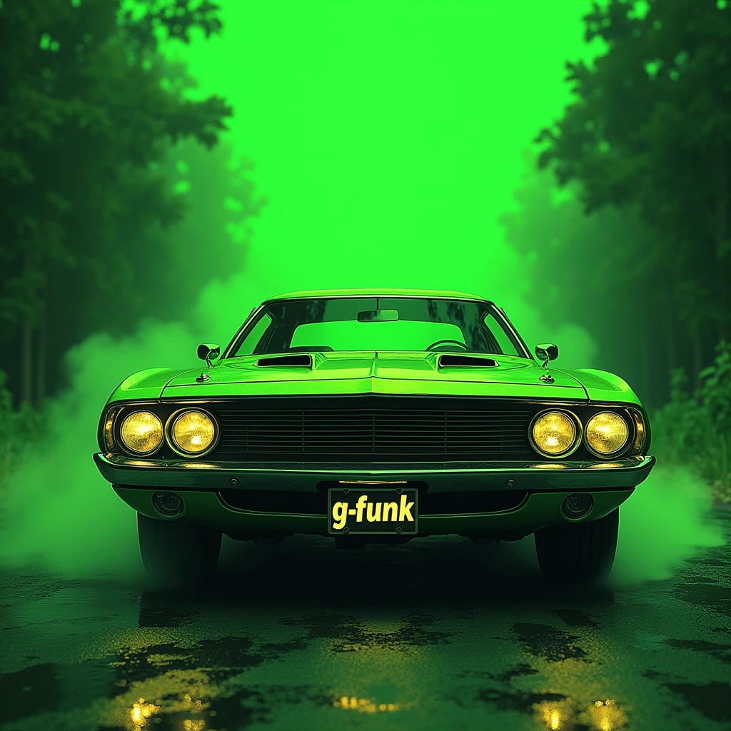 G - Punk album cover, car coming out, green background, car green, car license plate in English G - FUNK, hip hop album feel