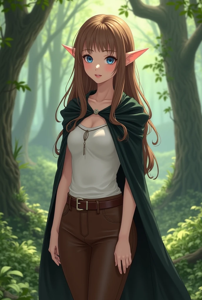 Sweet Elf woman with brown hair, brown pants and white tunica in the forest. Young woman. Black cape. elf ears. Anime realystic style. Black cape. Brown leather pants. Blue eyes. Straight hair. Looks sweet and beautyful