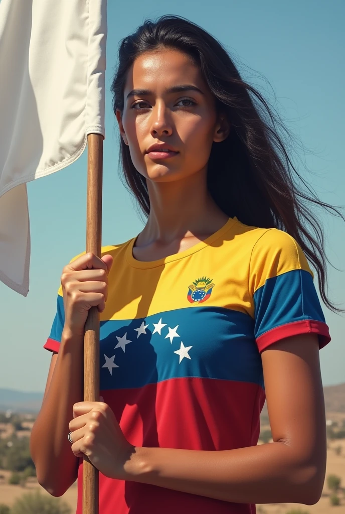 Make a portrait of a Venezuelan woman with the Venezuelan flag on her shirt ,and he is holding a white flag that says freedom 