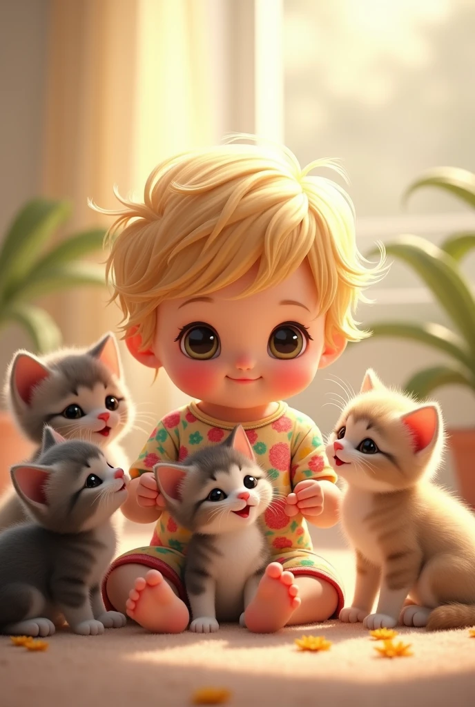 Raising a baby , with slanted eyes, like the orientals, with blond hair, wearing a floral print shirt, with some kittens around him.