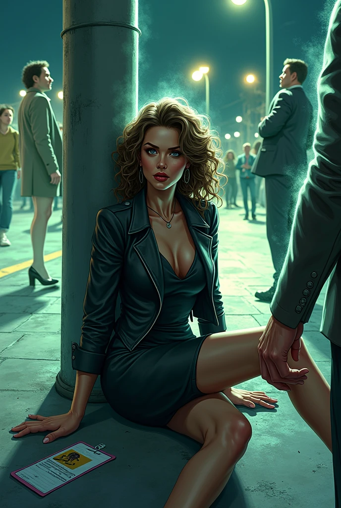/quality (masterpiece,best quality,high resolution,High Quality,Realistic) /hair style (Curly Hair) /Clothes (pencil skirt,job interview suit,Black jacket,torn pantyhose:1.5,earring) /Pose Bend over,sit lean against a wall, legs spread:1.5 (Ahegao,orgasm,steam:1.5,swet:1.5), /Other crowd:1.5,fair skin,foot focus,lean against a wall,men,s hand:1.5,night, Roadside,ID card,