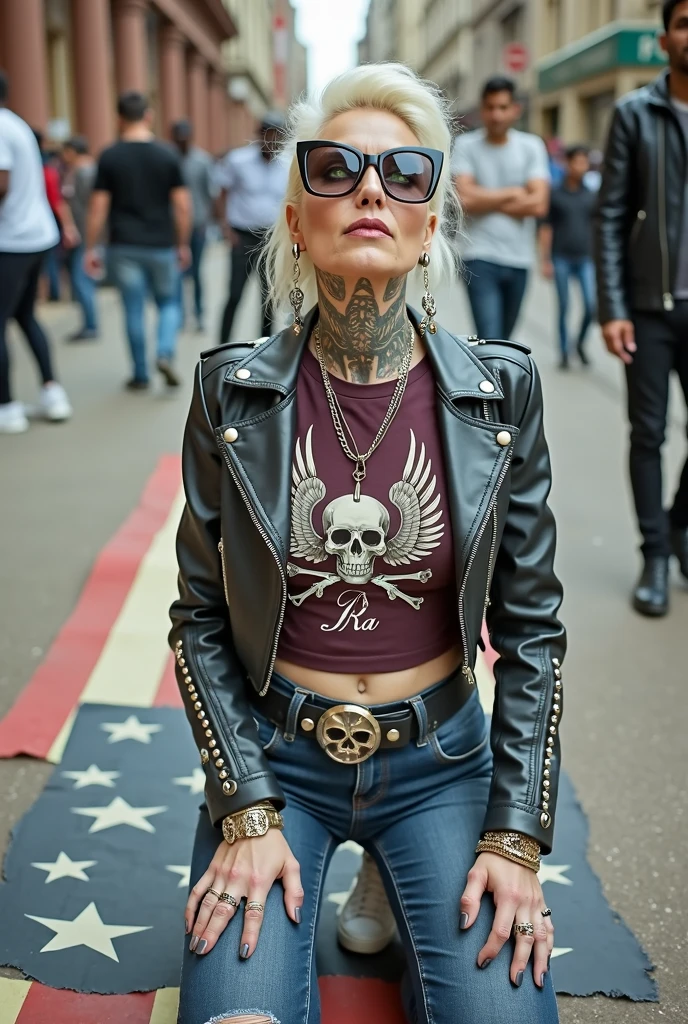 Anglosaxon old milf woman, , blonde platinum hair (beehive bun) and oversized square sunglasses as headband), with very light green eyes, extremely pale. Wearing studded cropped black moto jacket (zippers on the side. Cropped dark burgundy push up t-shirt with skull and wings logo and gothic lettering,, dark grey skinny low rise jeans with holes on knees .White tennis sneakers. Lots of thick wide studded bracelets, chain collars and big rings. Tacky wide studded leather belt, with big skull and bones round buckle. Long earrings with chains. Kneeling on a large ragged usa flag, looking at the photographer. Craving, sensual face. Hands on knees. Trash on the floor. Looking at the camera, Toned abdominals, thin neck, slim legs and thin arms. Neck, chest, belly, hands and arms completely tattoed. Street of Nairobi, crowded with standing people