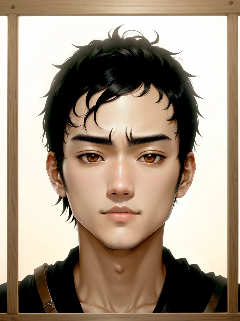 Bright、Anime character with black hair and brown eyes, Kentaro Miura's manga style, Perfect anime face, Kentaro Miura Manga Style, Kentaro Miura's Manga Art Style, tanaka suguru, Eat and drink, Face Anime Portrait, inspired by Munakata Shikō, aramaki shinji, Kentaro Miura!Casual clothes anime,