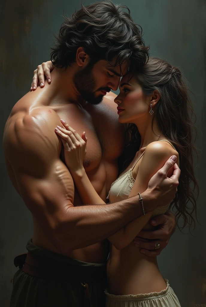 A couple desperately in love together. Show only up to the chin of both, with a dark-haired man's hand on the woman's neck, both sweaty and flushed. The man must look bad, Cao Cao, Big and strong. And the fragile and short woman, looking at him with pleading eyes.