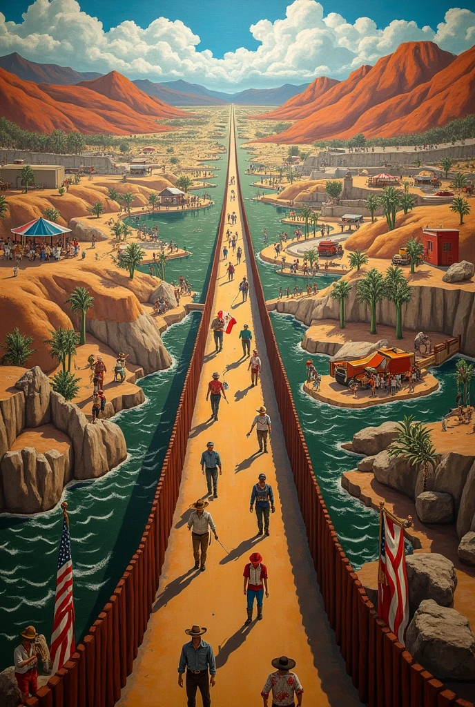 Create a drawing that represents the border between Mexico and the United States..UU. as if diego rivera had done it