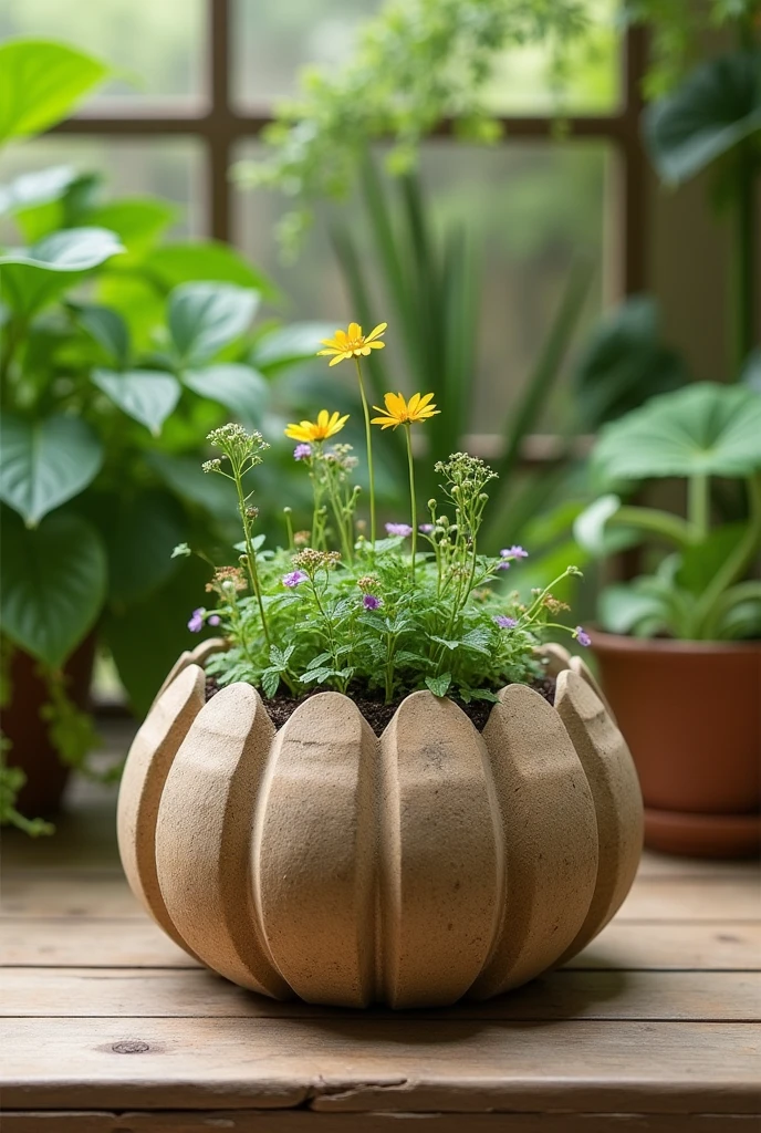I want you to generate an image for me based on a finished flowerpot made from a recycled flowerpot that is shaped like a sunflower.

