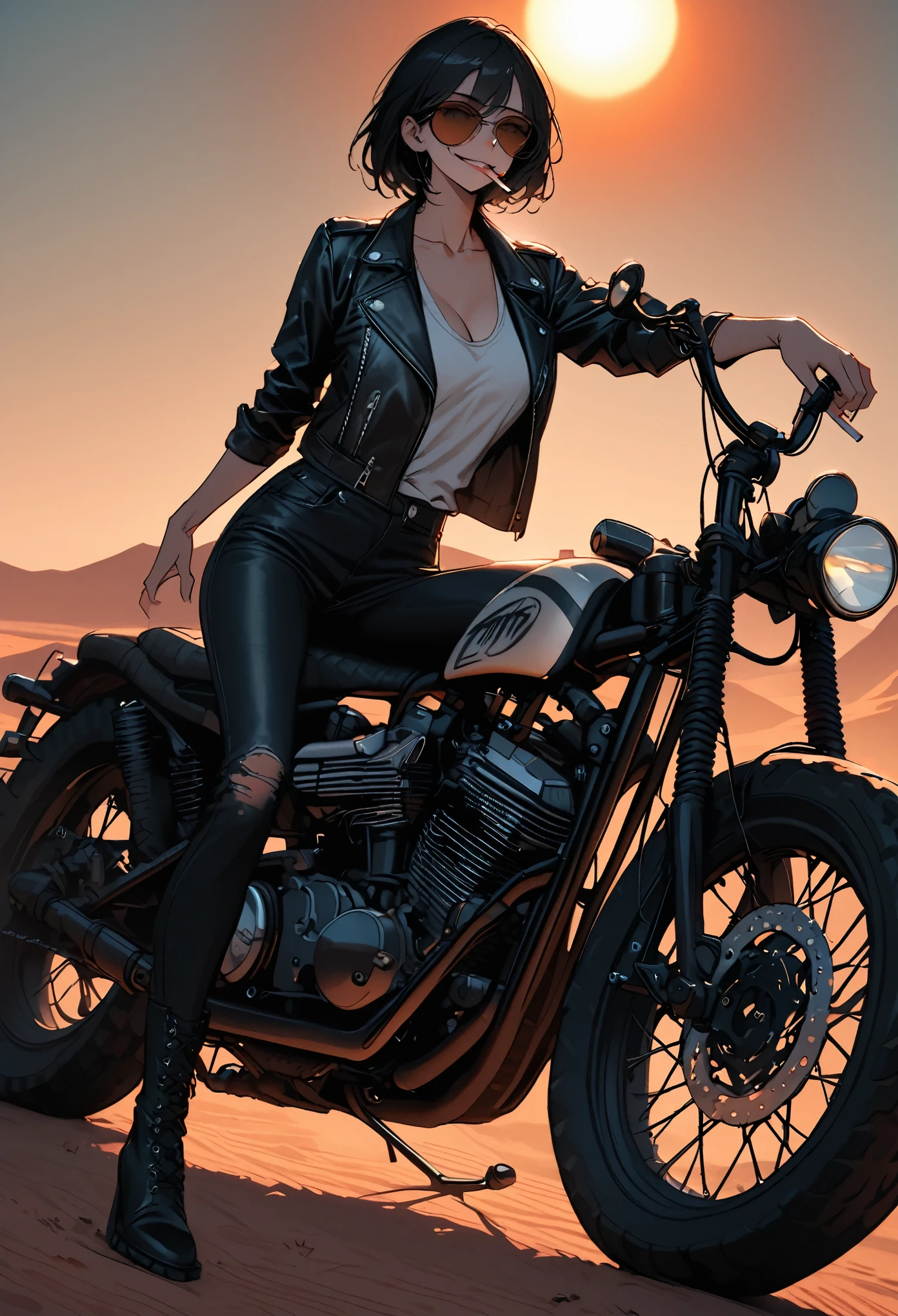 close up, solo, female, short messy black hair, aviator sunglasses, cigarette in mouth, black leather jacket, worn jeans, leather boots, huge chopper bike, desert landscape, sun above, bike gang, large breasts, smirk, leaning on motorcycle, standing, outstretched legs, dusk, tall, road, dinner, broad shoulders