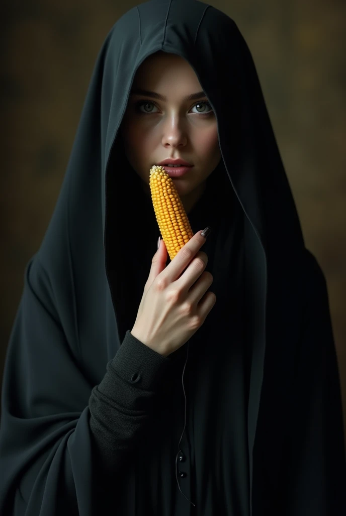 A young lady in a black hood with a corncob in her hand